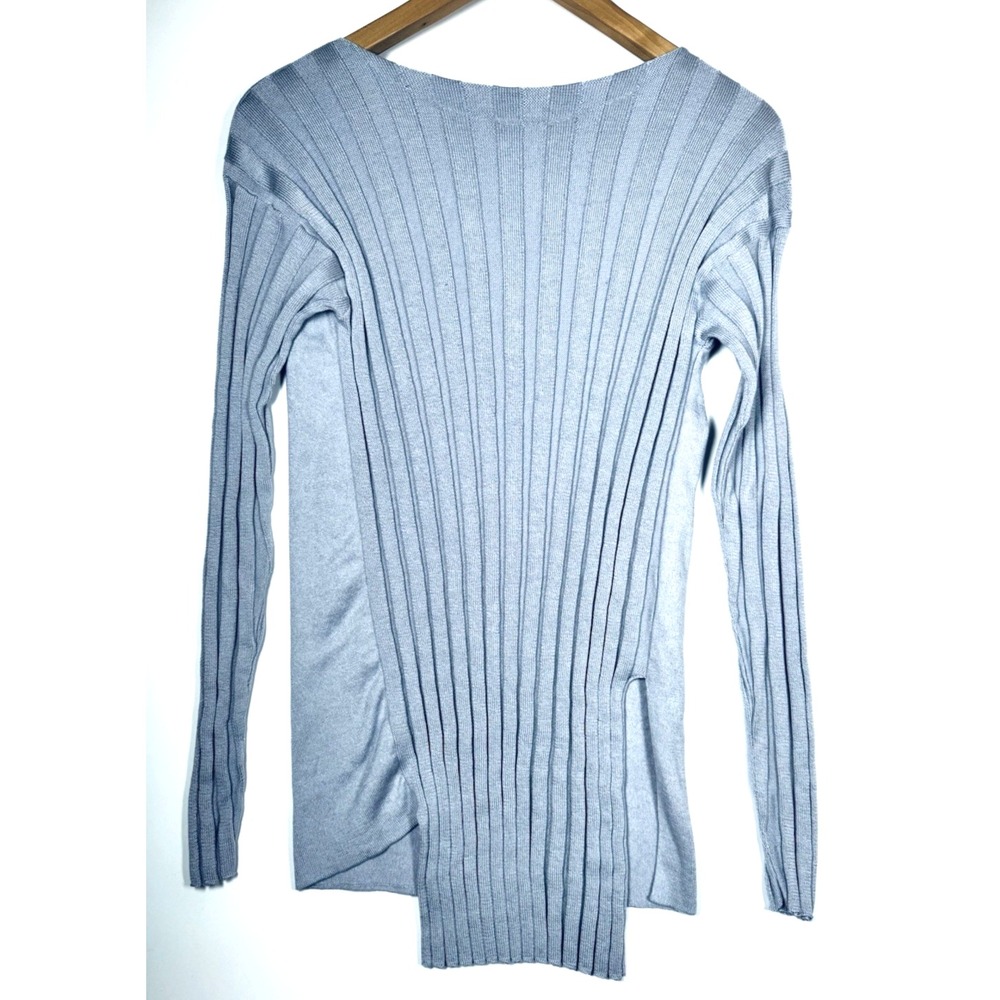 Matthildur Pima Cotton Sweater Large Blue Ribbed Asymmetrical Hem Icelandic Top